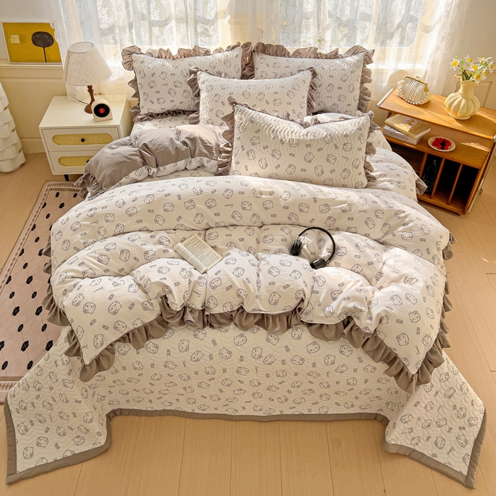 91家纺网 家纺一手货源 找家纺 纽缦家纺2025新款云感提花双层纱床盖韩版四件套 猫咪恋人