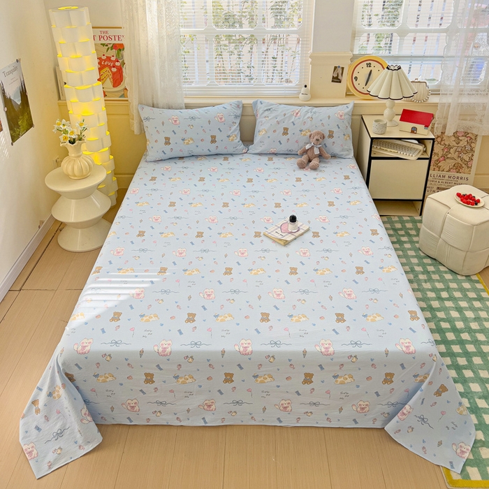 91家纺网 家纺一手货源 找家纺 纽缦家纺 2025新款云感提花双层纱床单 小猫时光蓝