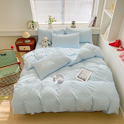 91家纺网 家纺一手货源 找家纺 麒东家纺  2025年新款水洗棉春夏菱形格双拼小清新高品质四件套 菱形格-天蓝