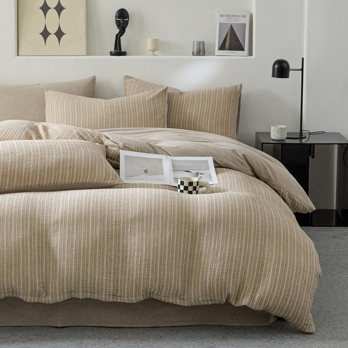 91家纺网 家纺一手货源 找家纺 AB家纺 2025新款三层款皱皱纱条纹四件套 小半-松果褐