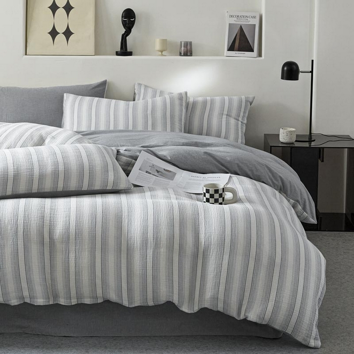 91家纺网 家纺一手货源 找家纺 AB家纺 2025新款三层款皱皱纱条纹四件套 半夏-兰