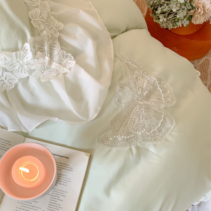 91家纺网 家纺一手货源 找家纺 吾欢心2025新款糯小棉立体蝴蝶花边套件-蝶恋花系列 蝶恋花绿