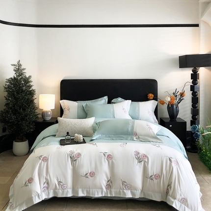 91家纺网 家纺一手货源 找家纺 博纳家纺 2025新款亲肤棉绣花四件套--泡芙小姐 繁星蓝