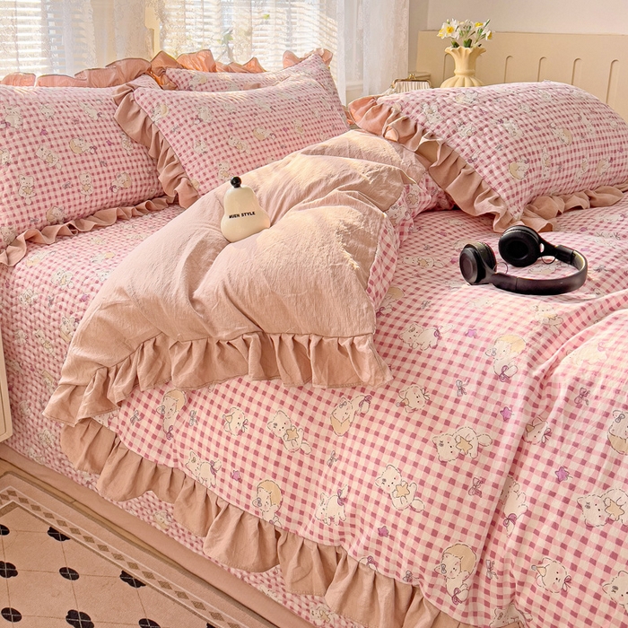 91家纺网 家纺一手货源 找家纺 纽缦家纺2025新款云感提花双层纱床盖韩版四件套 猫猫晚宴