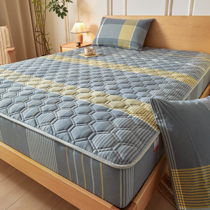 91家纺网 家纺一手货源 找家纺 雪云美2025新款A类全棉色织水洗棉夹棉床笠大豆床罩床垫保护套可定制 拿铁 灰