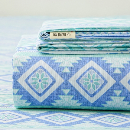 91家纺网 家纺一手货源 找家纺 金泰莱 2025新款锦柔老粗布床单老粗布凉席三件套 蓝色恋格