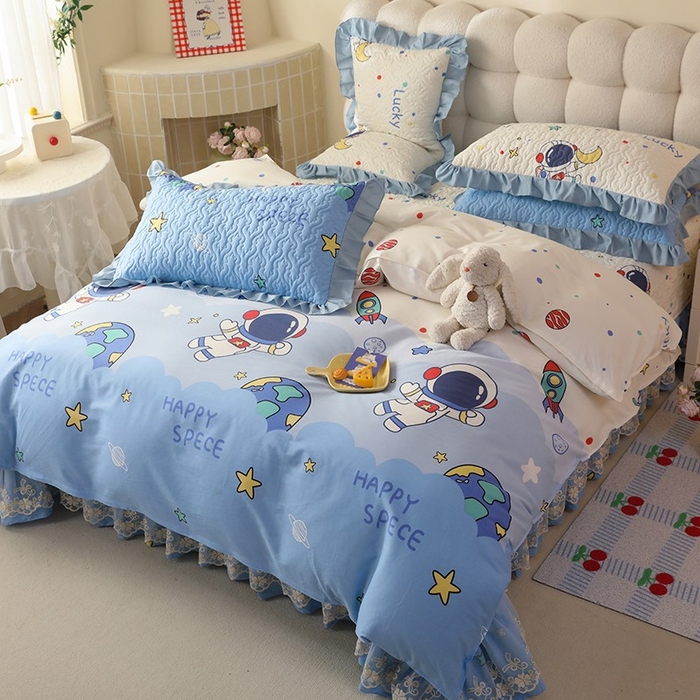 91家纺网 家纺一手货源 找家纺 美达家纺2025新款全棉蕾丝边单床盖四件套 太空卫士