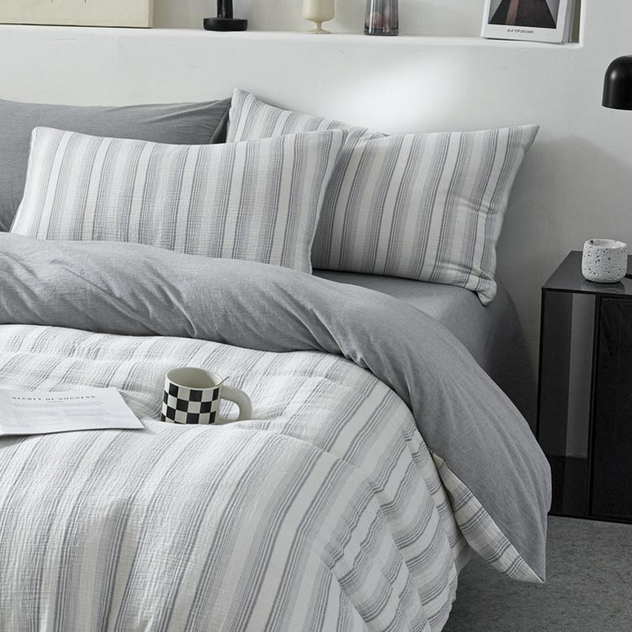 91家纺网 家纺一手货源 找家纺 AB家纺 2025新款三层款皱皱纱条纹四件套 半夏-兰