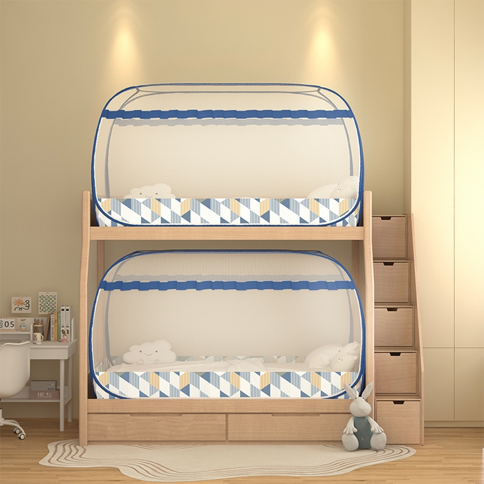 91家纺网 家纺一手货源 找家纺 青竹苑2025新款大顶学生蒙古包子母床魔术蚊帐 几何蓝