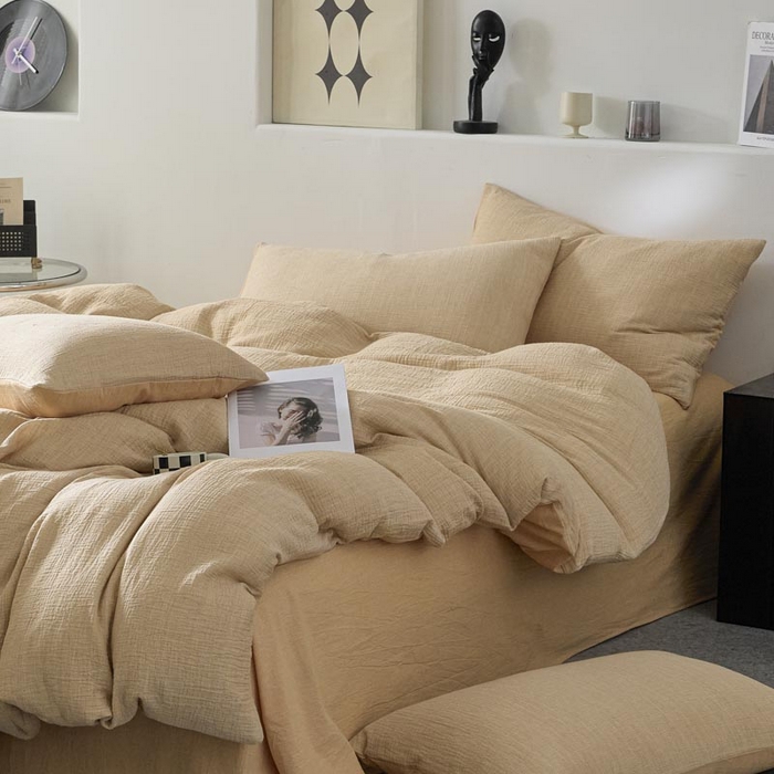 91家纺网 家纺一手货源 找家纺 AB家纺 2025新款三层款皱皱纱条纹四件套 小半-桔黄