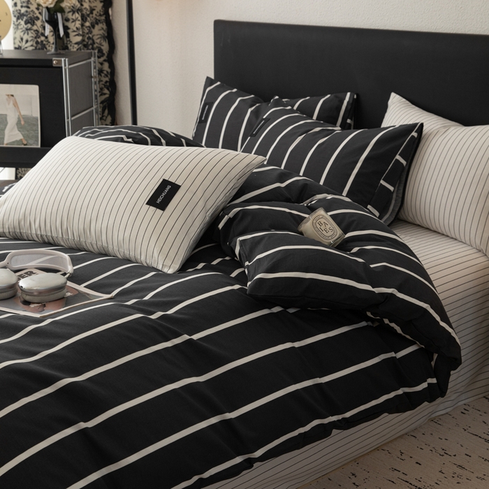 91家纺网 家纺一手货源 找家纺 简宜家居（朝初家纺） 2025新款简约纯棉四件套 暗影黑