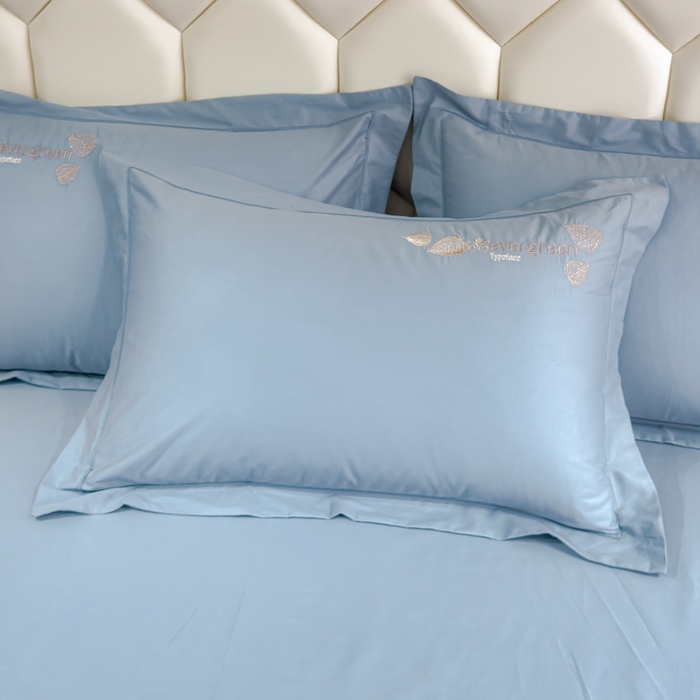 91家纺网 家纺一手货源 找家纺 U品汇  2025新款纯棉全棉长绒棉刺绣绣花高端礼盒四件套-叶夕 花晨叶夕-云水蓝