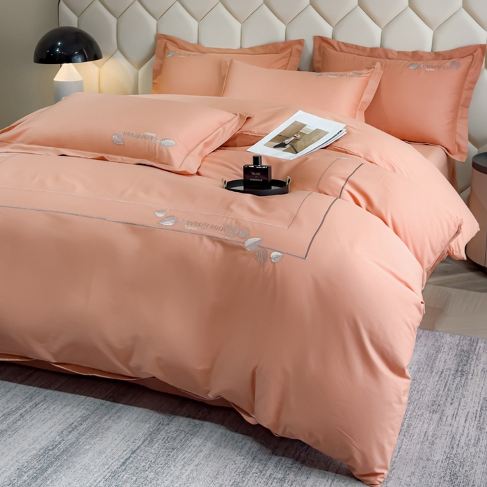 91家纺网 家纺一手货源 找家纺 U品汇  2025新款纯棉全棉长绒棉刺绣绣花高端礼盒四件套-叶夕 花晨叶夕-西柚色