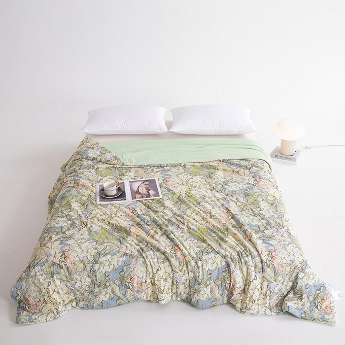 91家纺网 家纺一手货源 找家纺 睡棉坊2025新款数码印花高克重凉感丝夏凉被呱呱被10%大豆纤维填充带质检报告 梵高灰