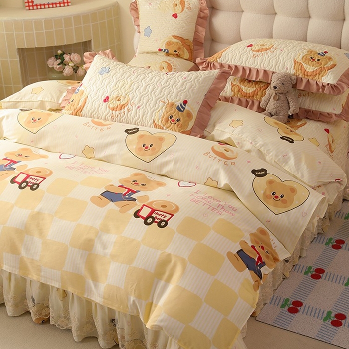 91家纺网 家纺一手货源 找家纺 美达家纺2025新款全棉蕾丝边单床盖四件套 黄油小熊