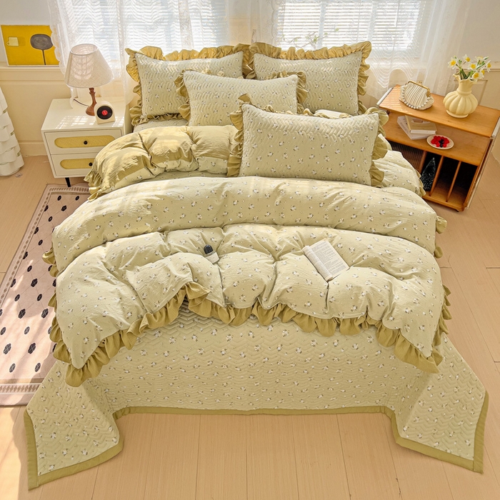 91家纺网 家纺一手货源 找家纺 纽缦家纺2025新款云感提花双层纱床盖韩版四件套 落日暮年绿