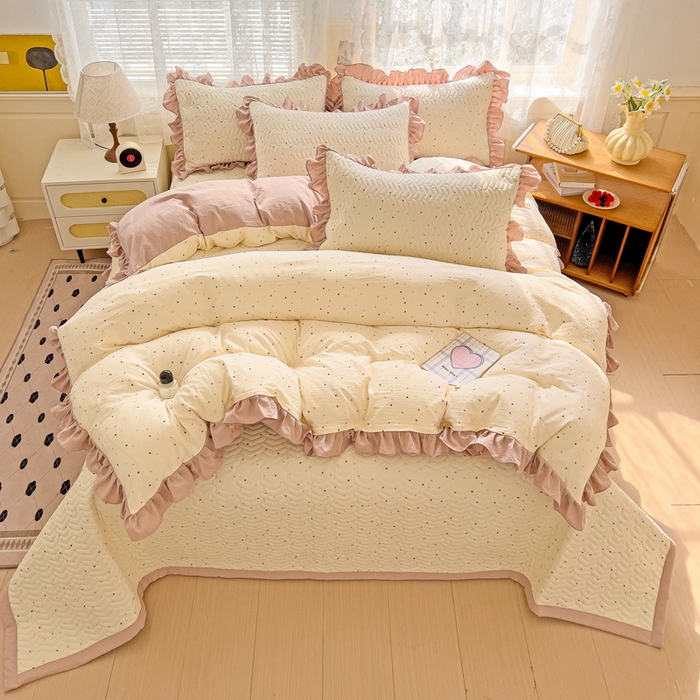 91家纺网 家纺一手货源 找家纺 纽缦家纺2025新款云感提花双层纱床盖韩版四件套 波点世界