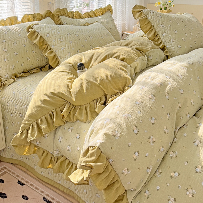 91家纺网 家纺一手货源 找家纺 纽缦家纺2025新款云感提花双层纱床盖韩版四件套 落日暮年绿