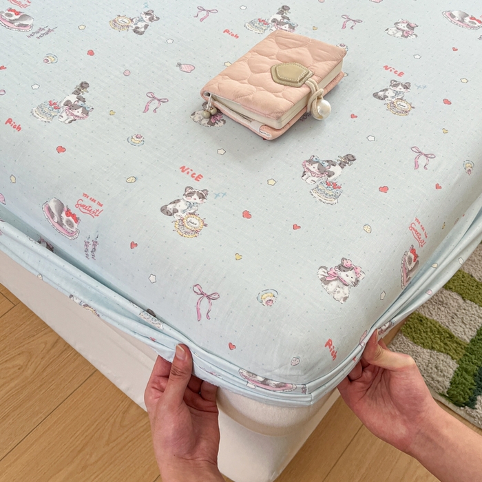 91家纺网 家纺一手货源 找家纺 博雅 2025新款全棉A类双层纱床笠 晚安猫