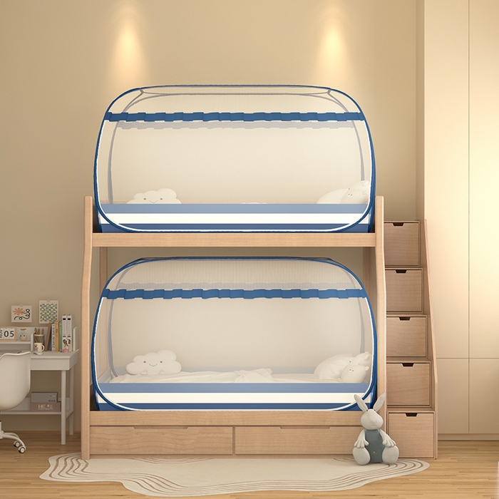 91家纺网 家纺一手货源 找家纺 青竹苑2025新款大顶学生蒙古包子母床魔术蚊帐 条纹蓝单门