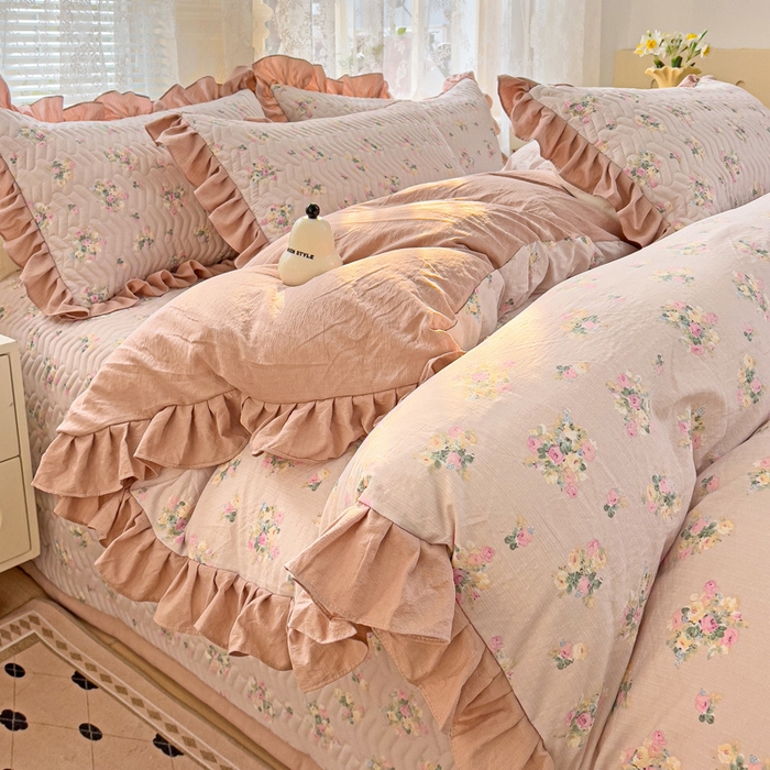 91家纺网 家纺一手货源 找家纺 纽缦家纺2025新款云感提花双层纱床盖韩版四件套 暗恋