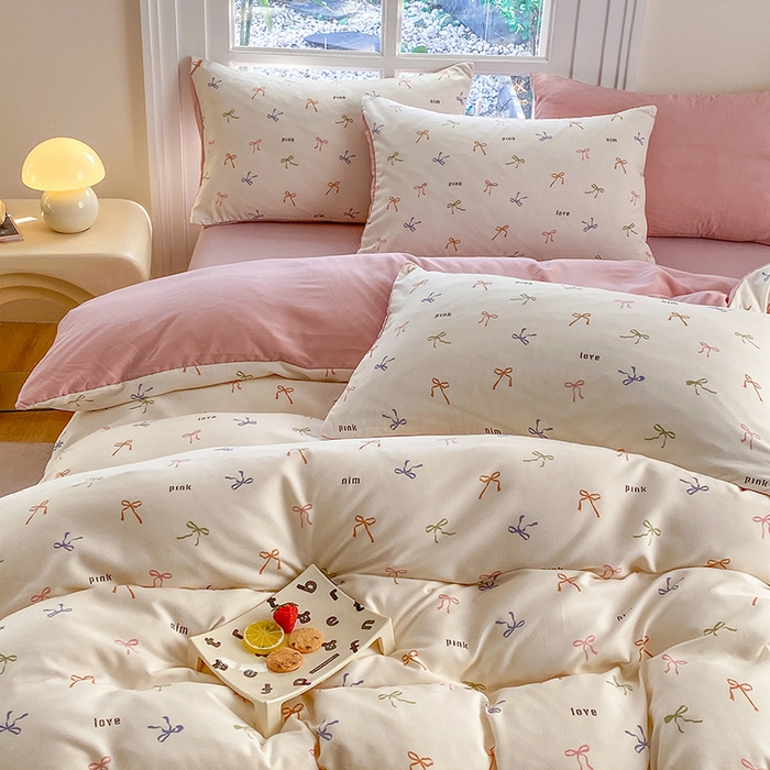 91家纺网 家纺一手货源 找家纺 富缦庭2025新款A类针织双层纱四件套彩色蝴蝶结