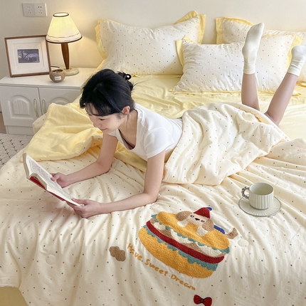 宇航家纺 2025新款全棉双层纱大豆被夏被春秋被单品四件套 汉堡狗