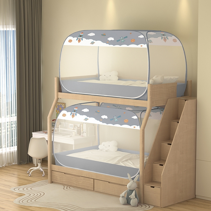 91家纺网 家纺一手货源 找家纺 青竹苑2025新款大顶学生蒙古包子母床魔术蚊帐 太空灰