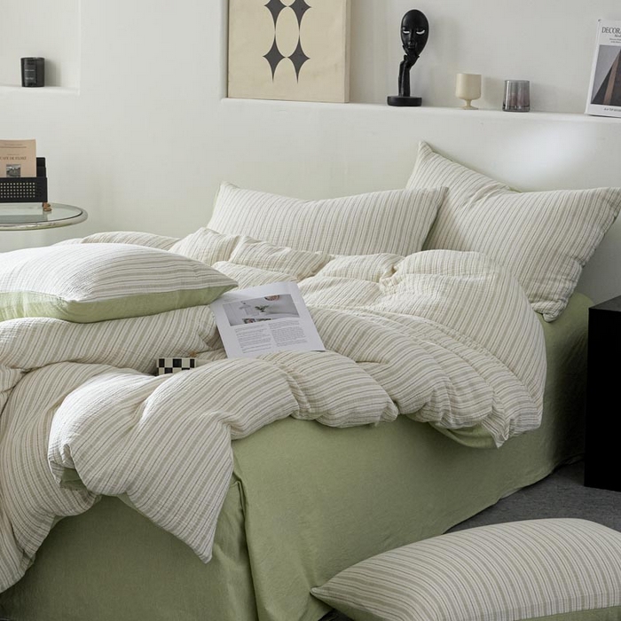 91家纺网 家纺一手货源 找家纺 AB家纺 2025新款三层款皱皱纱条纹四件套 小半-浅绿