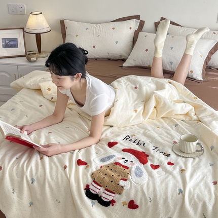 宇航家纺 2025新款全棉双层纱大豆被夏被春秋被单品四件套 兔子小姐