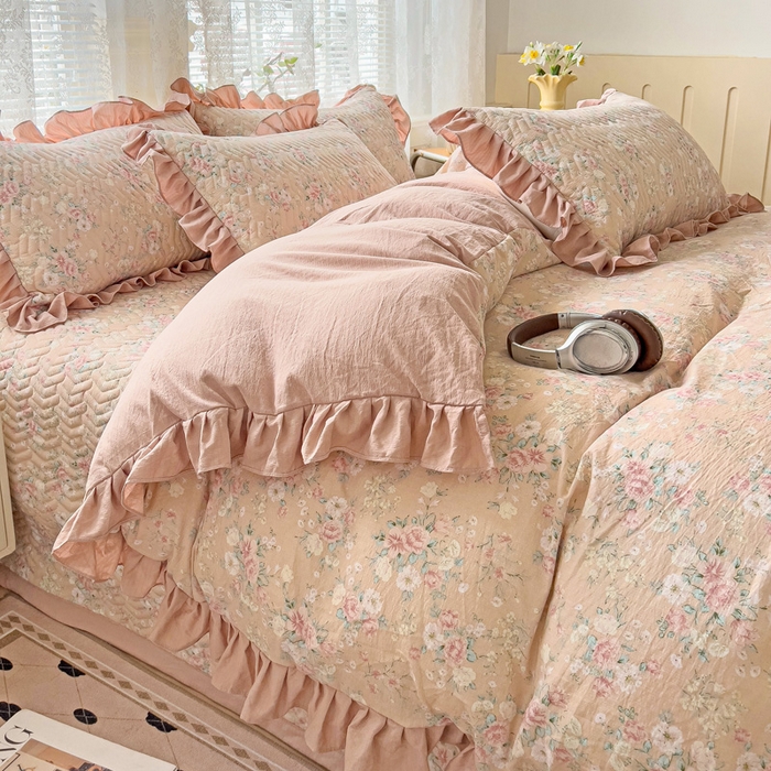 91家纺网 家纺一手货源 找家纺 纽缦家纺2025新款云感提花双层纱床盖韩版四件套 爱如星辰