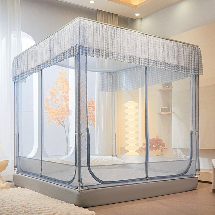 91家纺网 家纺一手货源 找家纺 青竹苑2025新款花边款床笠底防摔坐床蚊帐-格格巫 格格巫-蓝灰