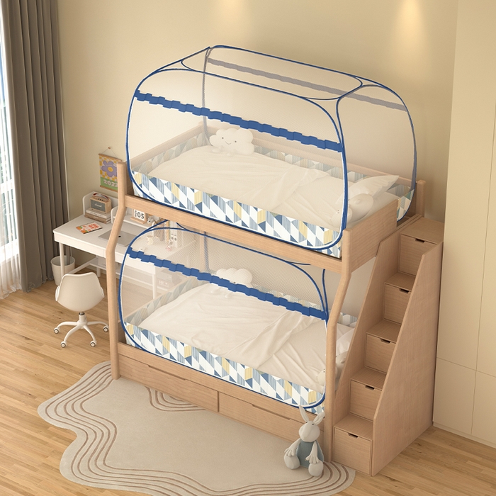 91家纺网 家纺一手货源 找家纺 青竹苑2025新款大顶学生蒙古包子母床魔术蚊帐 几何蓝