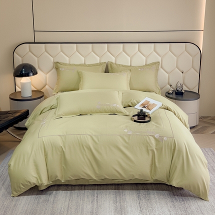 U品汇 2025新款纯棉全棉长绒棉刺绣绣花高端礼盒四件套-叶夕 花晨叶夕-浅豆绿