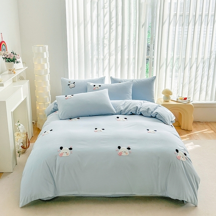 眷恋家纺 2025新款卡通毛巾绣水洗棉四件套 迷你狗-天蓝