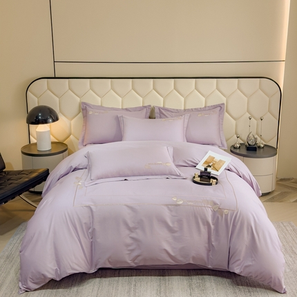 U品汇 2025新款纯棉全棉长绒棉刺绣绣花高端礼盒四件套-叶夕 花晨叶夕-雪青