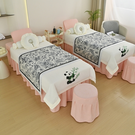 不打烊家纺 2025新款贡缎绣花熊猫系列美容床罩 米白色拼玉色