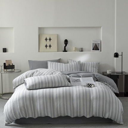 91家纺网 家纺一手货源 找家纺 AB家纺 2025新款三层款皱皱纱条纹四件套 半夏-兰