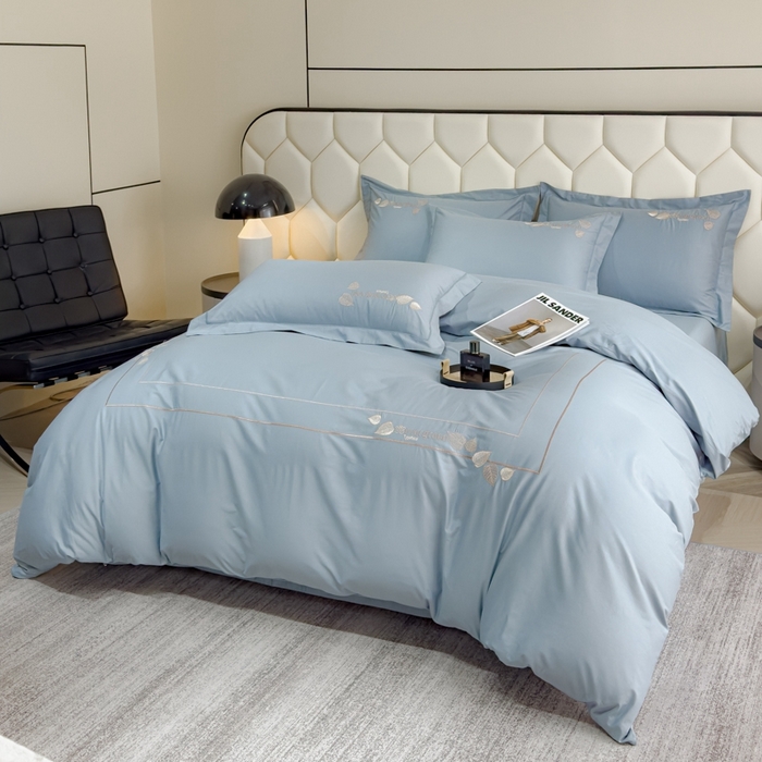 91家纺网 家纺一手货源 找家纺 U品汇  2025新款纯棉全棉长绒棉刺绣绣花高端礼盒四件套-叶夕 花晨叶夕-云水蓝