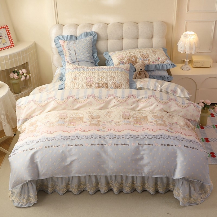 91家纺网 家纺一手货源 找家纺 美达家纺2025新款全棉蕾丝边单床盖四件套 熊仔派对