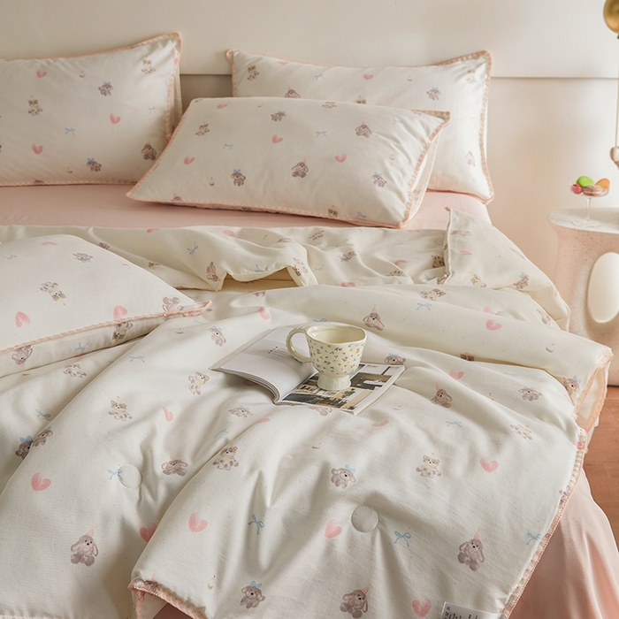 91家纺网 家纺一手货源 找家纺 暖阳 2025年新款大豆双层纱夏被四件套 美娜