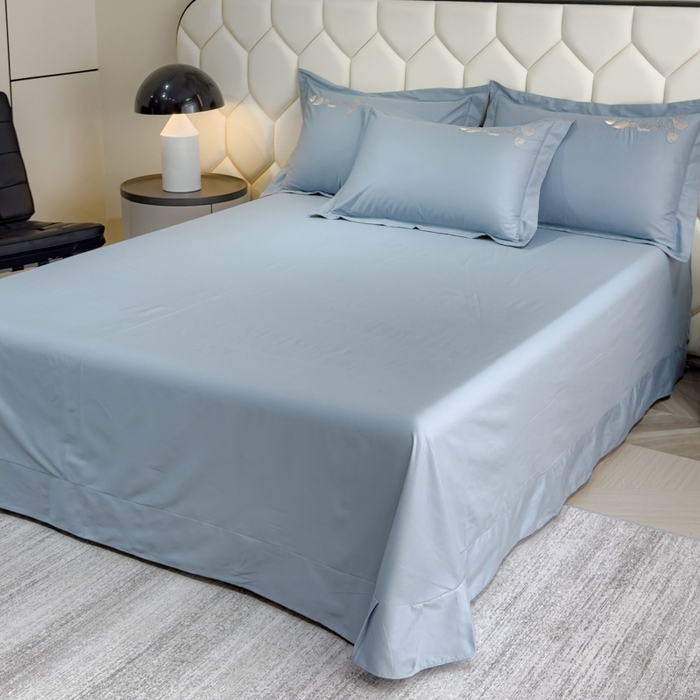 91家纺网 家纺一手货源 找家纺 U品汇  2025新款纯棉全棉长绒棉刺绣绣花高端礼盒四件套-叶夕 花晨叶夕-云水蓝