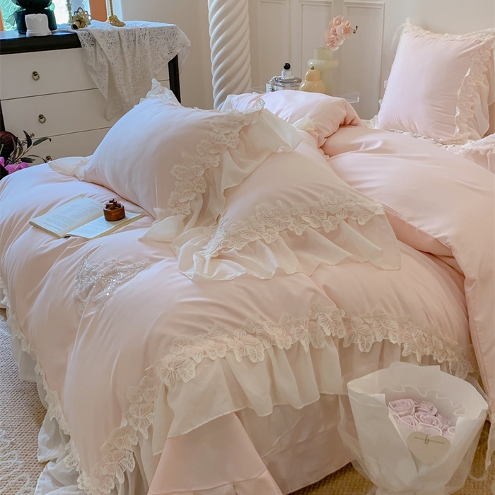 91家纺网 家纺一手货源 找家纺 吾欢心2025新款糯小棉立体蝴蝶花边套件-蝶恋花系列 蝶恋花粉