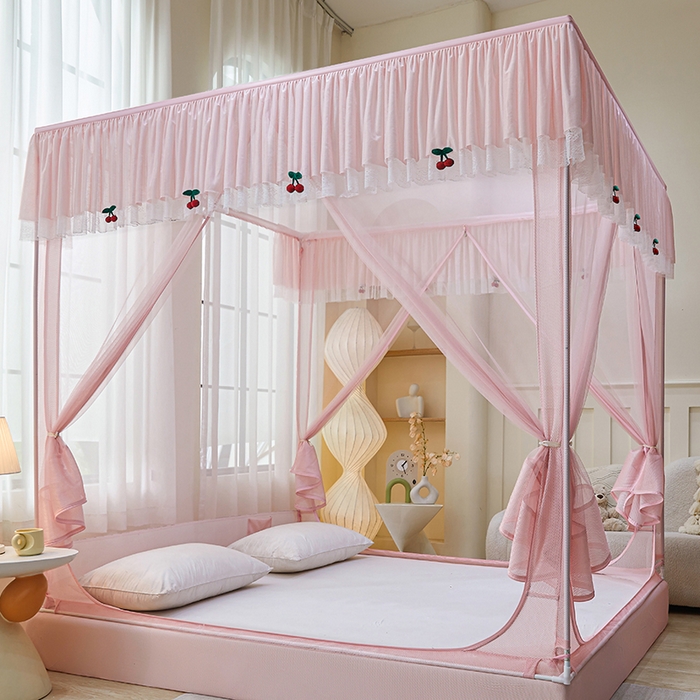 91家纺网 家纺一手货源 找家纺 青竹苑2025新款花边款床笠底防摔坐床蚊帐-樱桃 樱桃-樱花粉