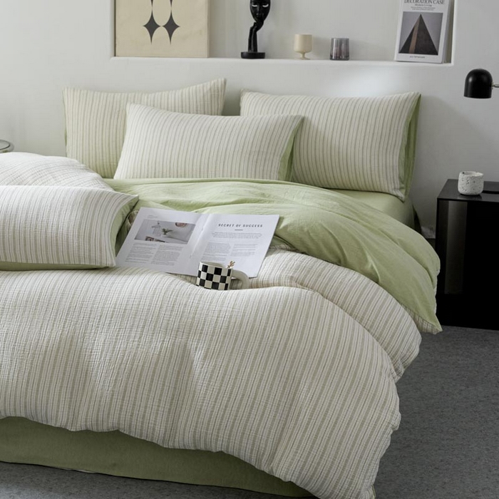 91家纺网 家纺一手货源 找家纺 AB家纺 2025新款三层款皱皱纱条纹四件套 小半-浅绿