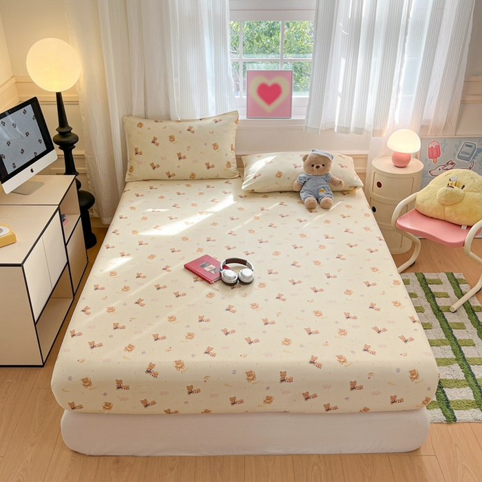 91家纺网 家纺一手货源 找家纺 博雅 2025新款全棉A类双层纱床笠 黄油小熊