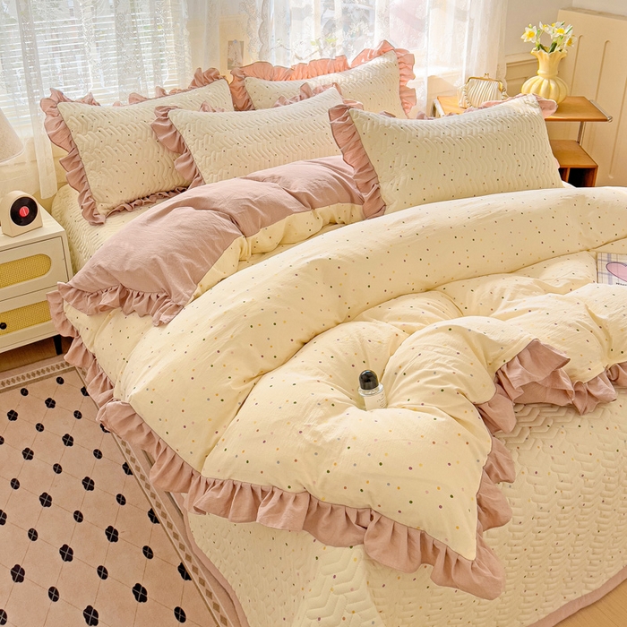 91家纺网 家纺一手货源 找家纺 纽缦家纺2025新款云感提花双层纱床盖韩版四件套 波点世界