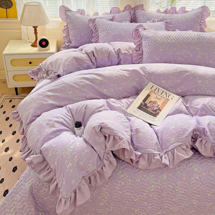 91家纺网 家纺一手货源 找家纺 纽缦家纺2025新款云感提花双层纱床盖韩版四件套 恋如青柠香