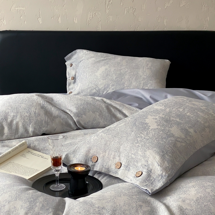 91家纺网 家纺一手货源 找家纺 旷野 2025新款全棉色织提花四件套 雾凇-蓝