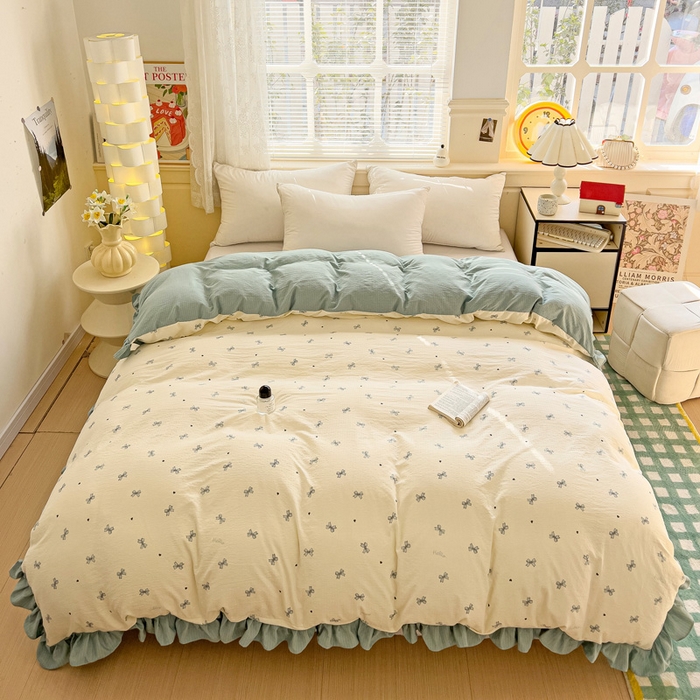 91家纺网 家纺一手货源 找家纺 纽缦家纺 2025新款云感提花双层纱韩版被套 相思蓝